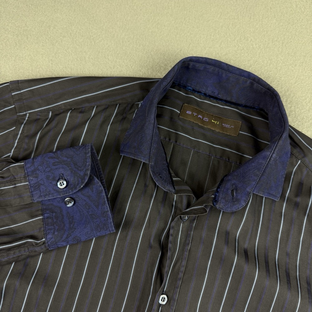 Etro Shirt Mens 41 Larg Black Purple Striped Button Up Flip‎ Cuff Made Italy